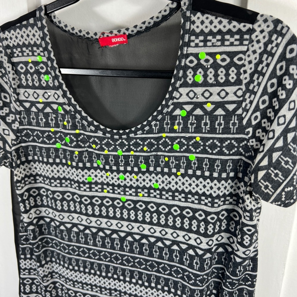 Bongo Womens Tribal Print Sheer Back Neon Studded Top Black Grey White 1652